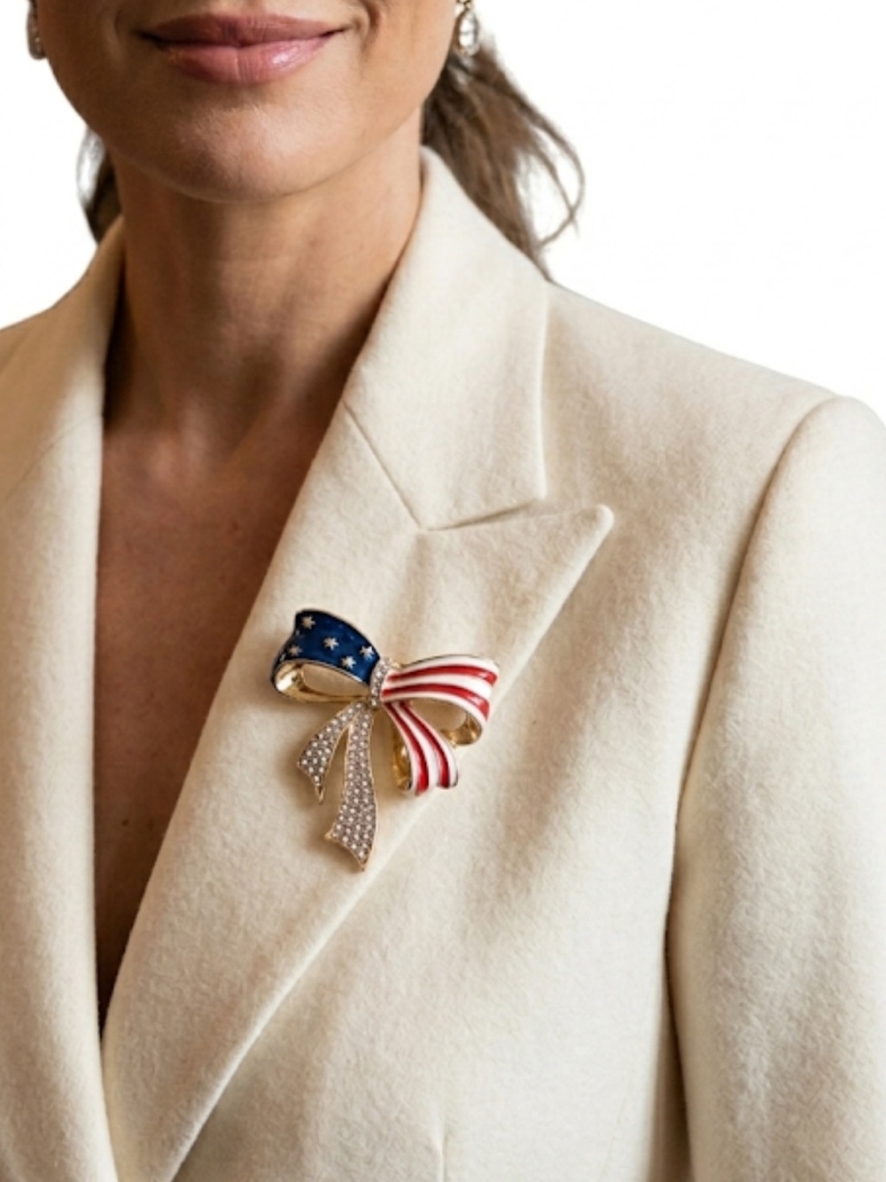 American Flag Bow Brooch Pin Patriotic USA 4th July Red White Blue Enamel NWT⁠